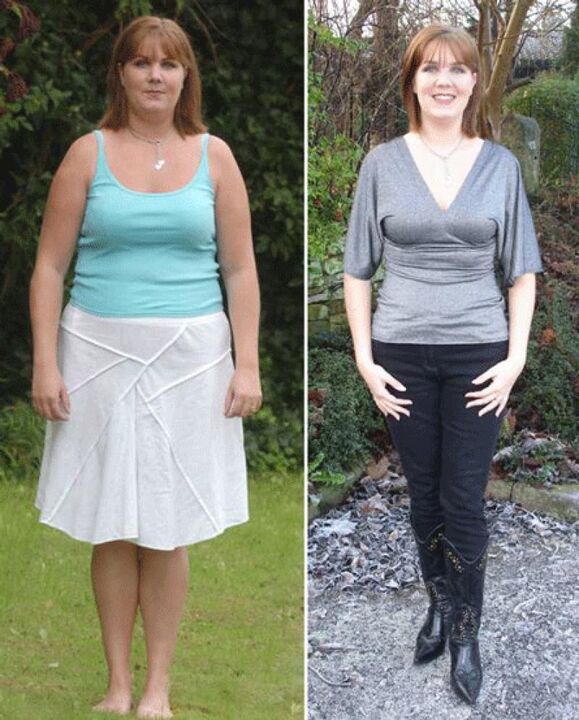 Mulher antes e depois de perder peso em uma dieta de kefir